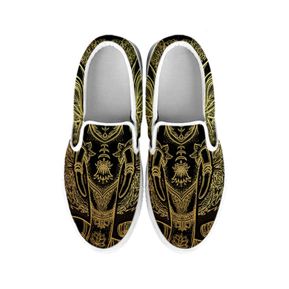 Golden Spiritual Elephant Print White Slip On Shoes