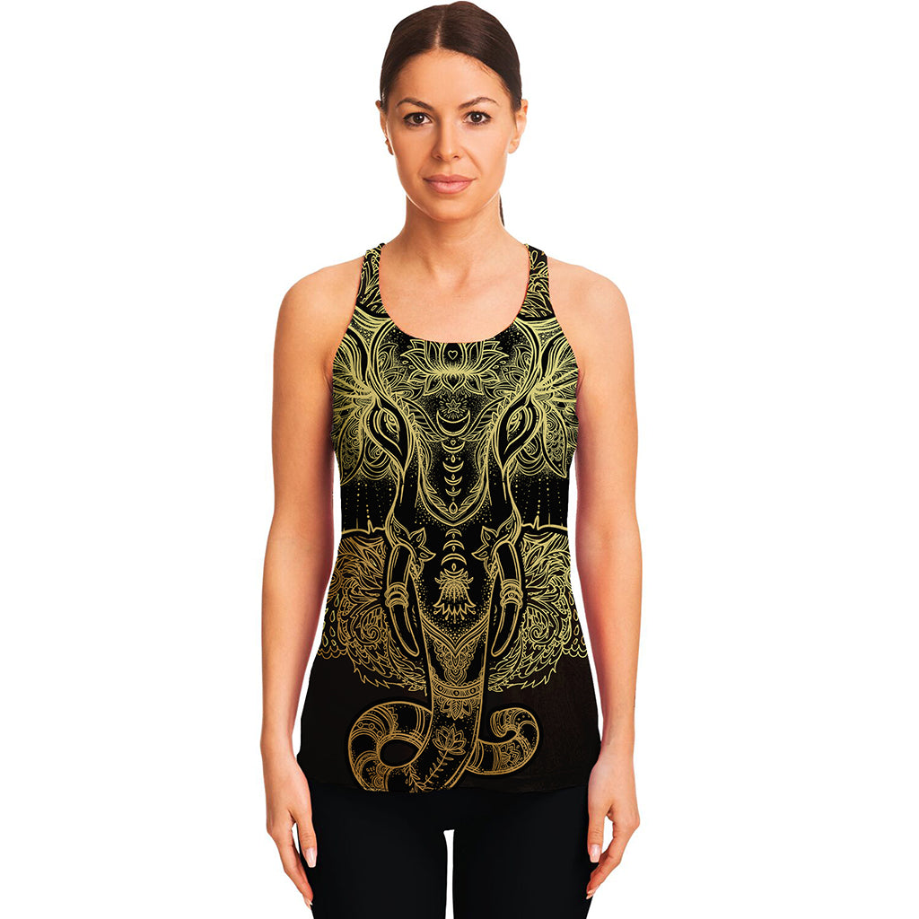 Golden Spiritual Elephant Print Women's Racerback Tank Top