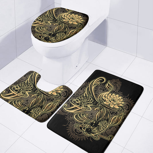 Golden Spiritual Koi Carp Print 3 Piece Bath Mat Set