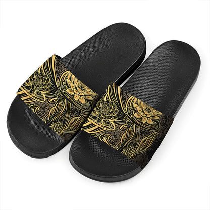 Golden Spiritual Koi Carp Print Black Slide Sandals