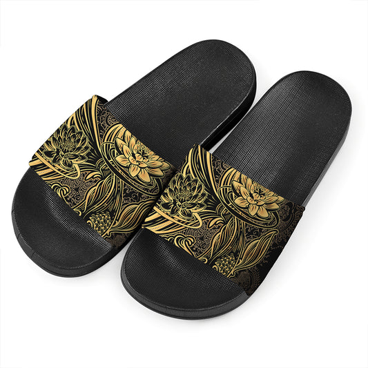 Golden Spiritual Koi Carp Print Black Slide Sandals