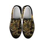 Golden Spiritual Koi Carp Print Black Slip On Shoes