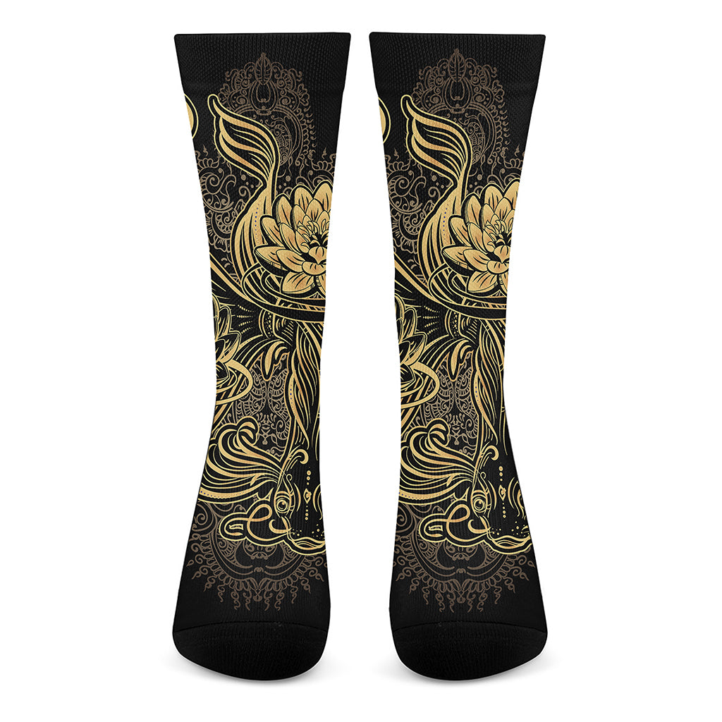 Golden Spiritual Koi Carp Print Crew Socks