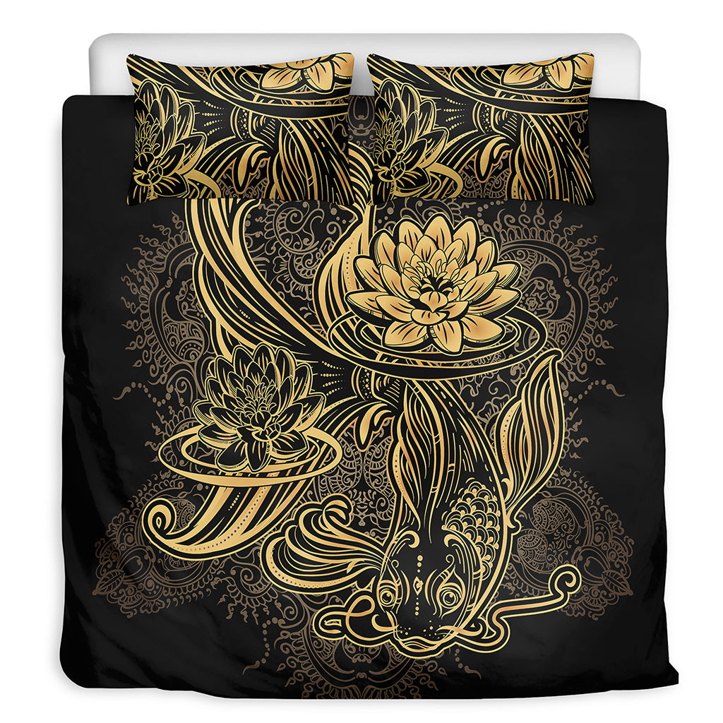 Golden Spiritual Koi Carp Print Duvet Cover Bedding Set