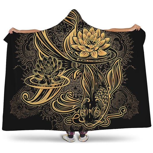 Golden Spiritual Koi Carp Print Hooded Blanket