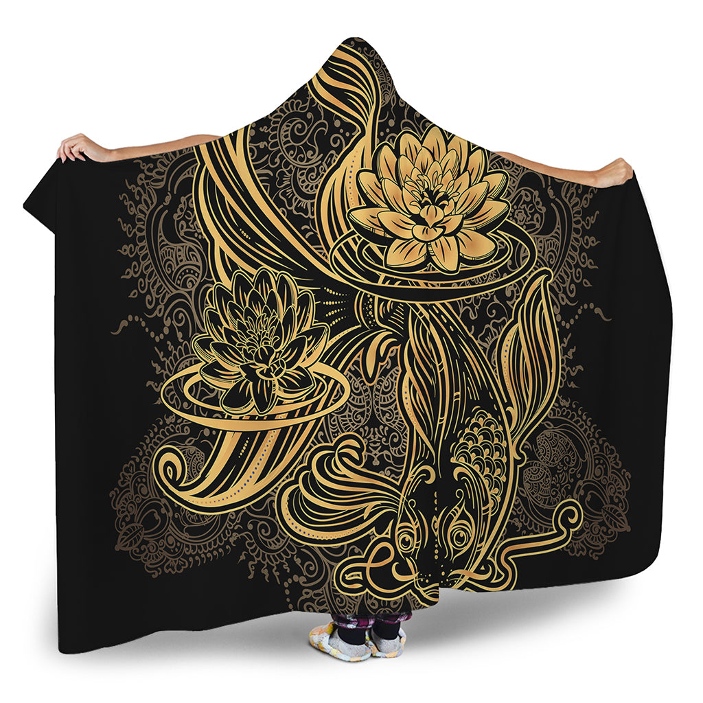 Golden Spiritual Koi Carp Print Hooded Blanket