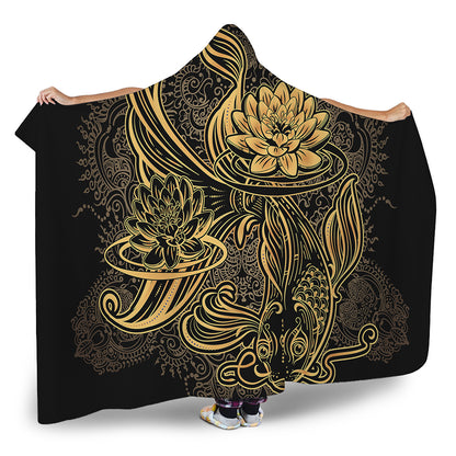 Golden Spiritual Koi Carp Print Hooded Blanket