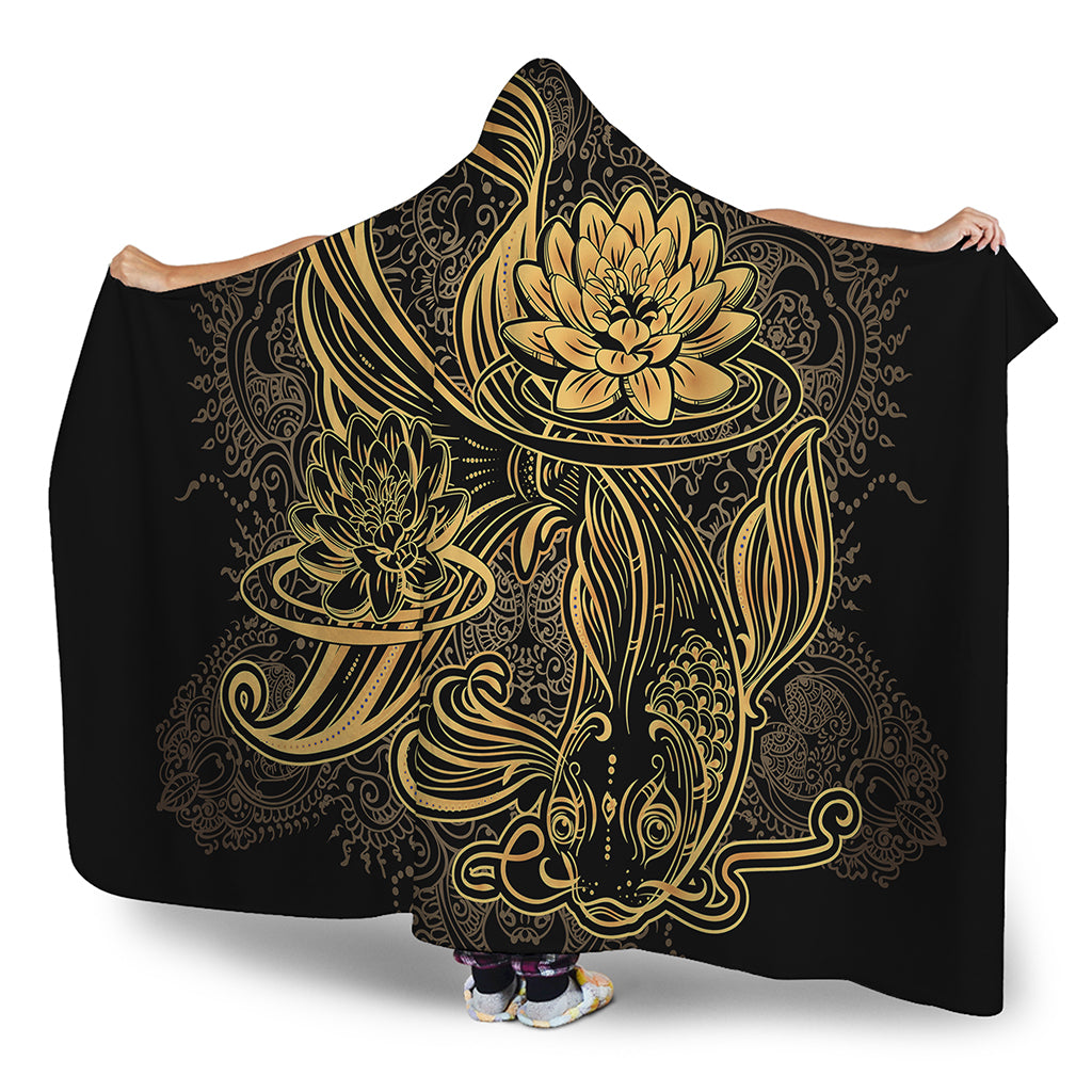 Golden Spiritual Koi Carp Print Hooded Blanket