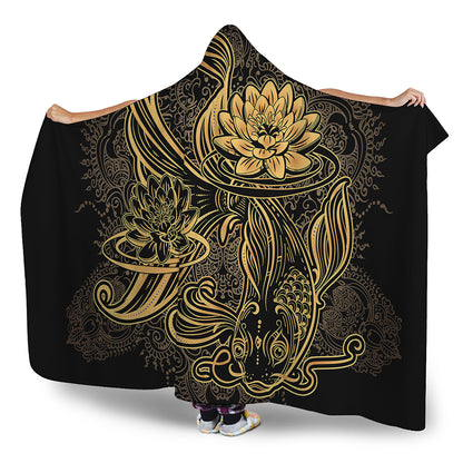 Golden Spiritual Koi Carp Print Hooded Blanket