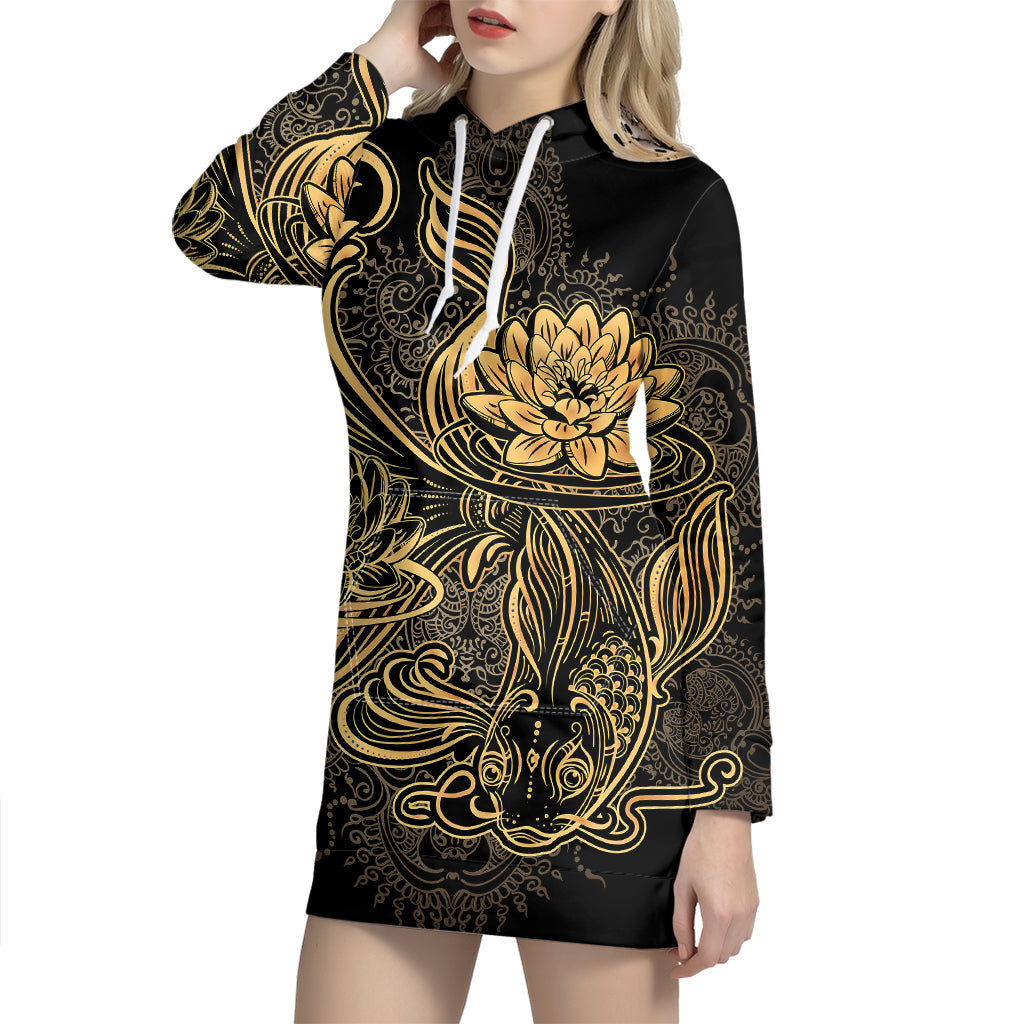 Golden Spiritual Koi Carp Print Pullover Hoodie Dress