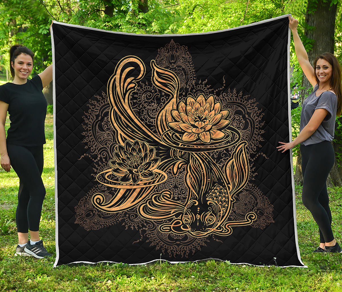 Golden Spiritual Koi Carp Print Quilt