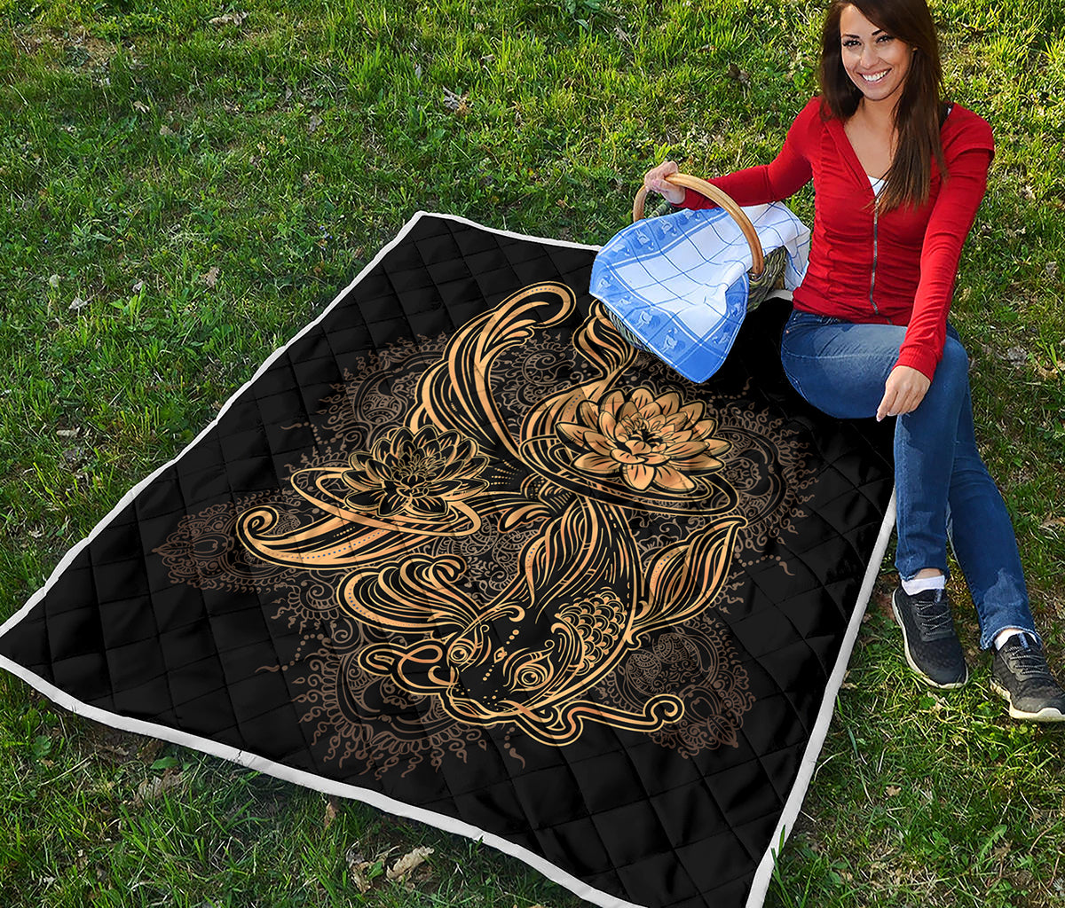 Golden Spiritual Koi Carp Print Quilt