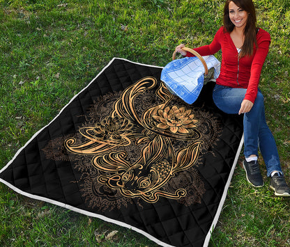Golden Spiritual Koi Carp Print Quilt