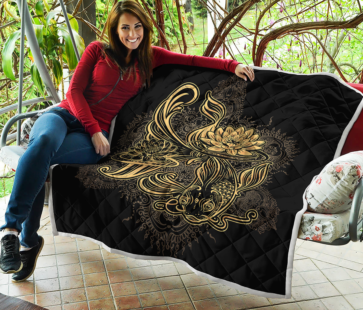 Golden Spiritual Koi Carp Print Quilt