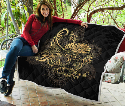 Golden Spiritual Koi Carp Print Quilt