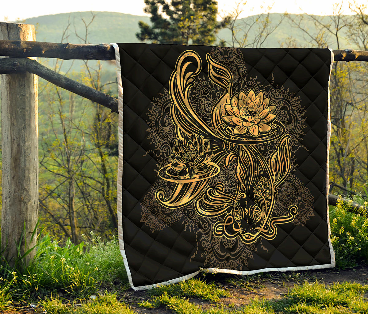 Golden Spiritual Koi Carp Print Quilt