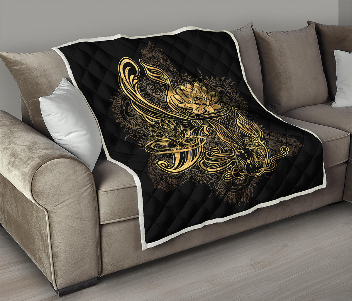 Golden Spiritual Koi Carp Print Quilt