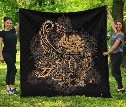 Golden Spiritual Koi Carp Print Quilt