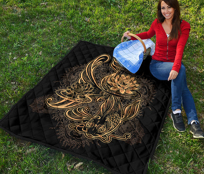 Golden Spiritual Koi Carp Print Quilt
