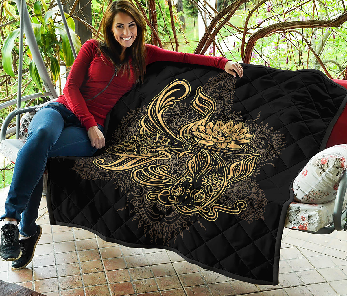 Golden Spiritual Koi Carp Print Quilt