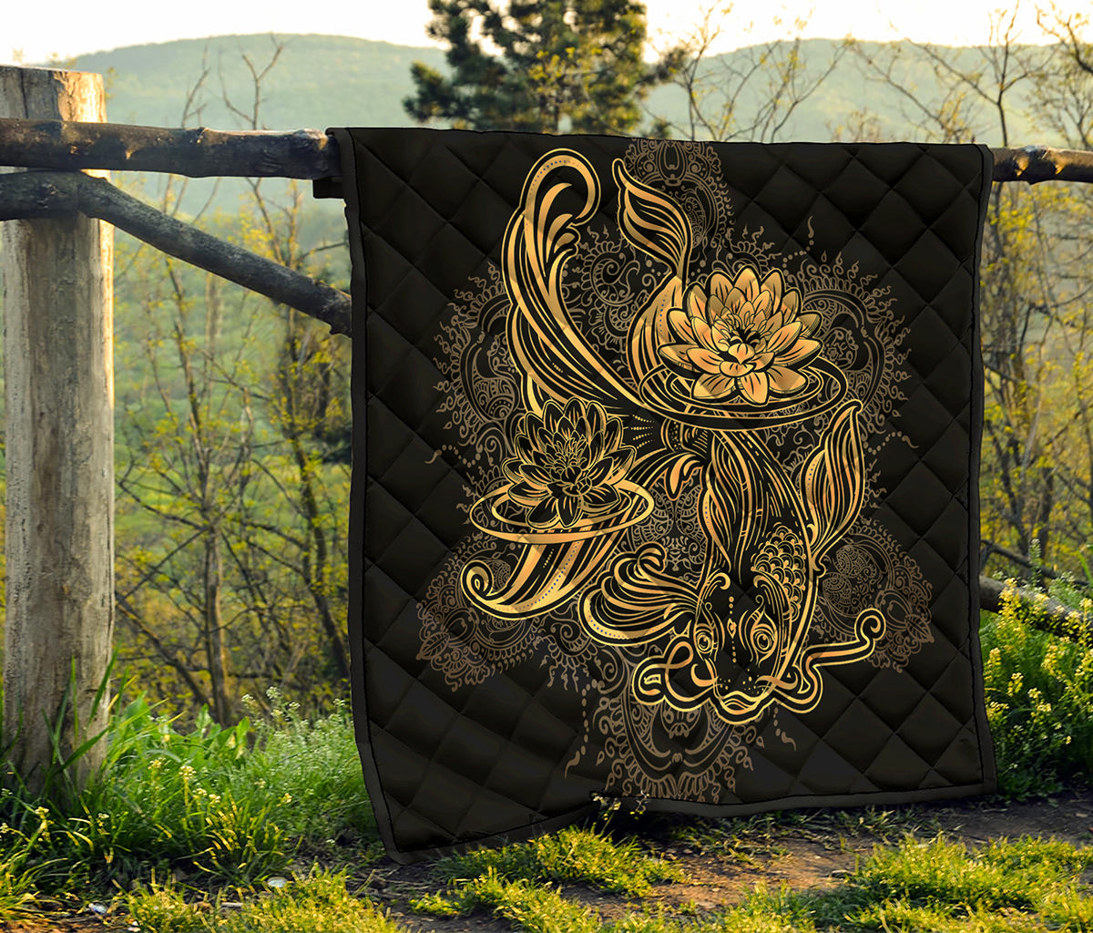 Golden Spiritual Koi Carp Print Quilt