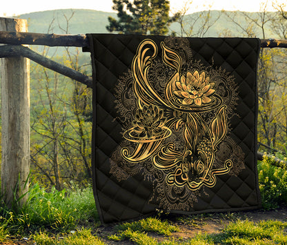 Golden Spiritual Koi Carp Print Quilt