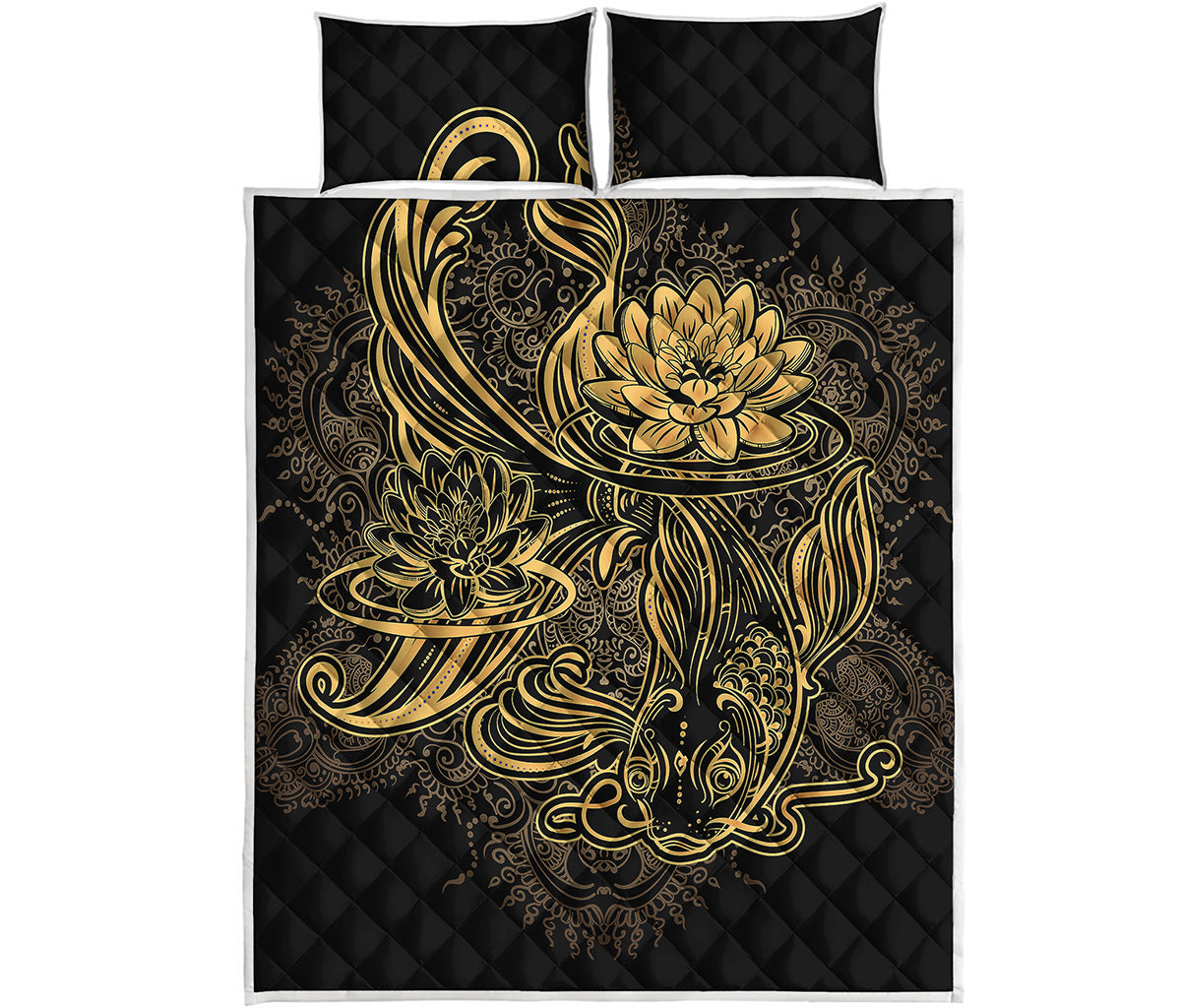 Golden Spiritual Koi Carp Print Quilt Bed Set