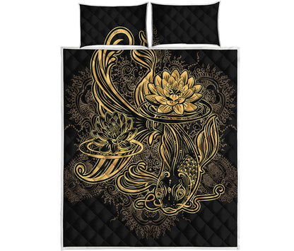 Golden Spiritual Koi Carp Print Quilt Bed Set