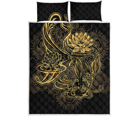 Golden Spiritual Koi Carp Print Quilt Bed Set
