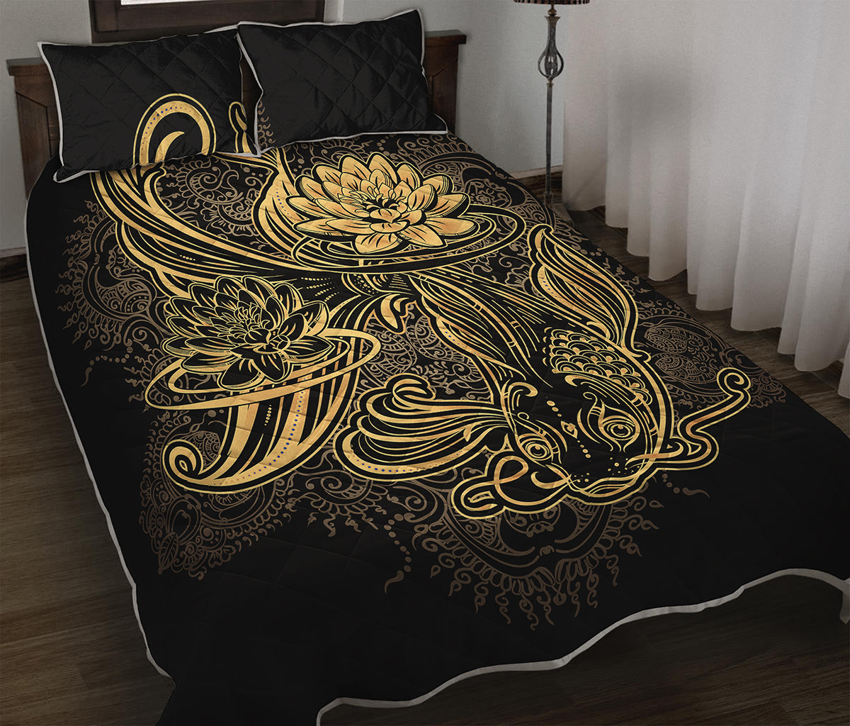 Golden Spiritual Koi Carp Print Quilt Bed Set