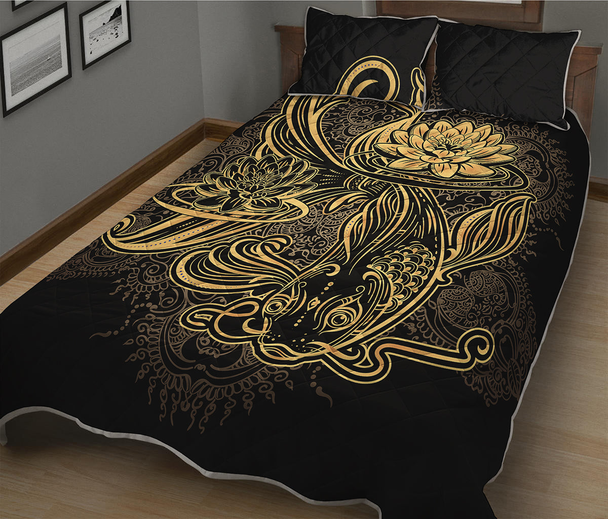 Golden Spiritual Koi Carp Print Quilt Bed Set