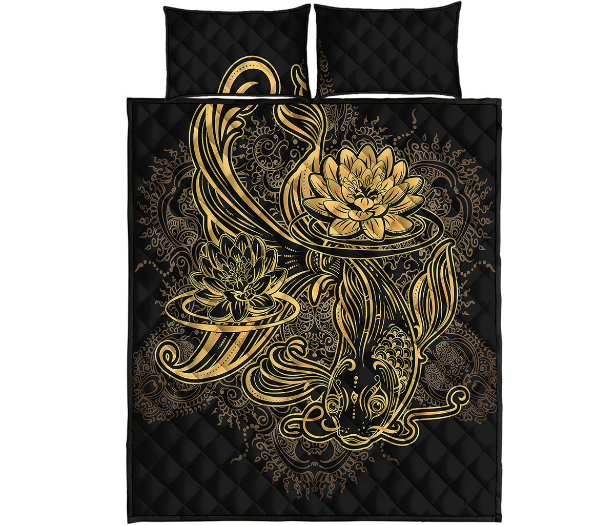 Golden Spiritual Koi Carp Print Quilt Bed Set