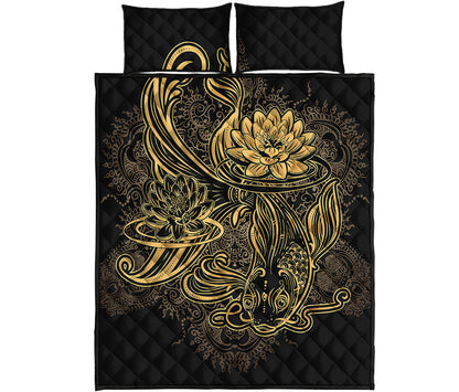 Golden Spiritual Koi Carp Print Quilt Bed Set