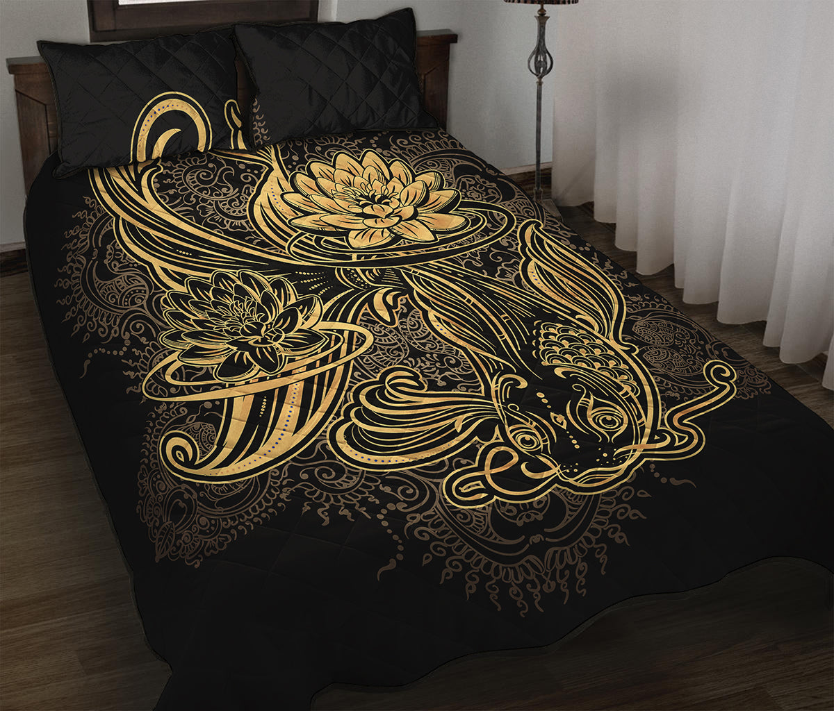 Golden Spiritual Koi Carp Print Quilt Bed Set
