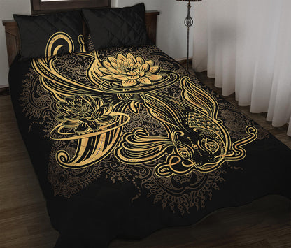 Golden Spiritual Koi Carp Print Quilt Bed Set