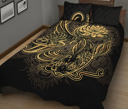 Golden Spiritual Koi Carp Print Quilt Bed Set