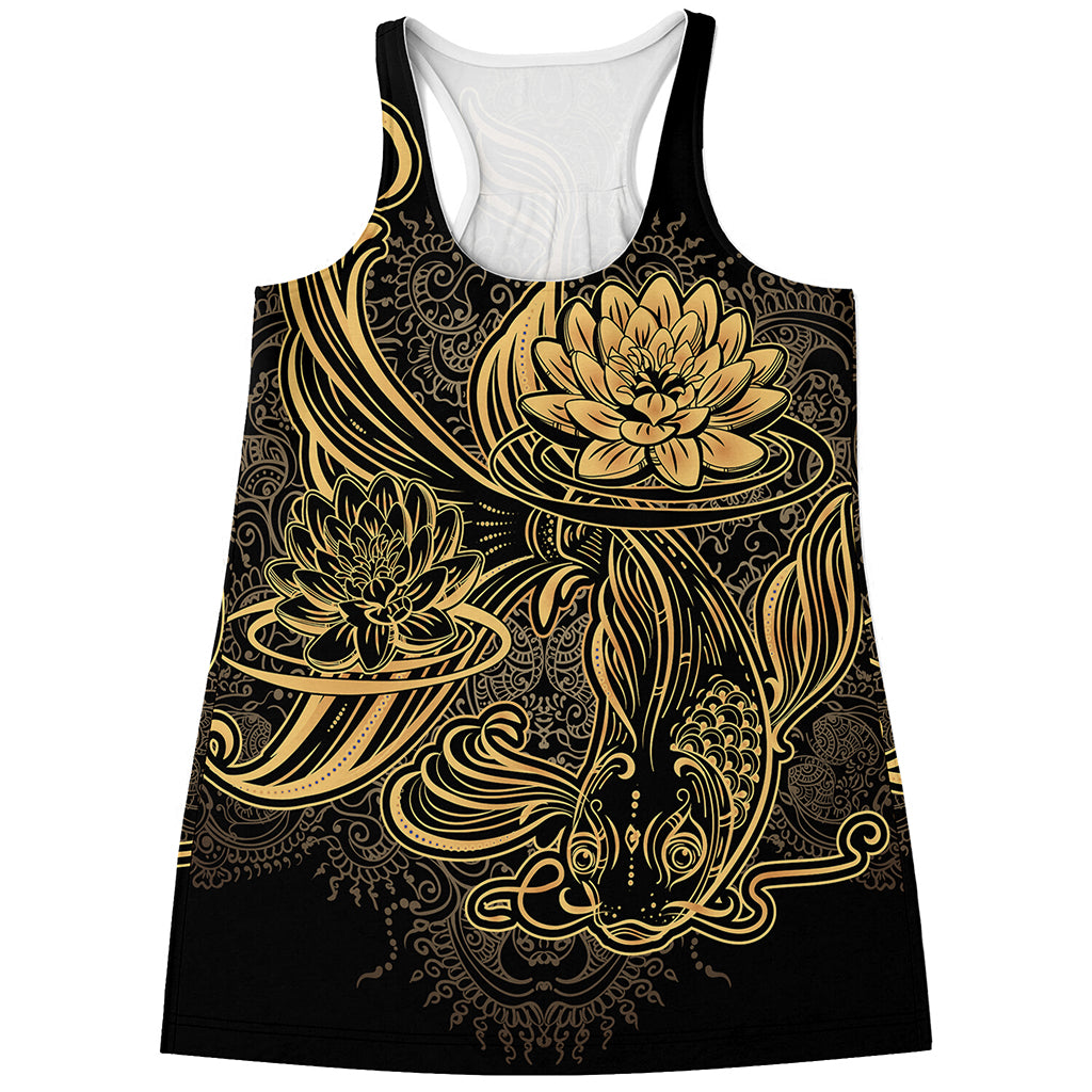 Golden Spiritual Koi Carp Print Women's Racerback Tank Top