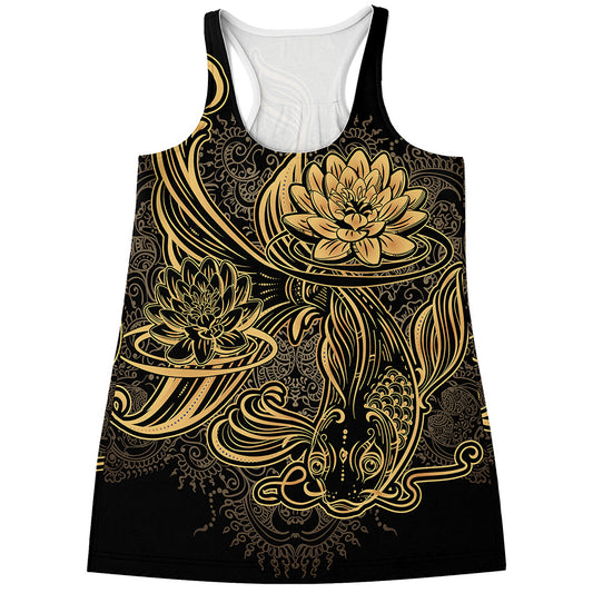 Golden Spiritual Koi Carp Print Women's Racerback Tank Top