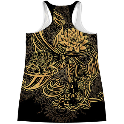 Golden Spiritual Koi Carp Print Women's Racerback Tank Top