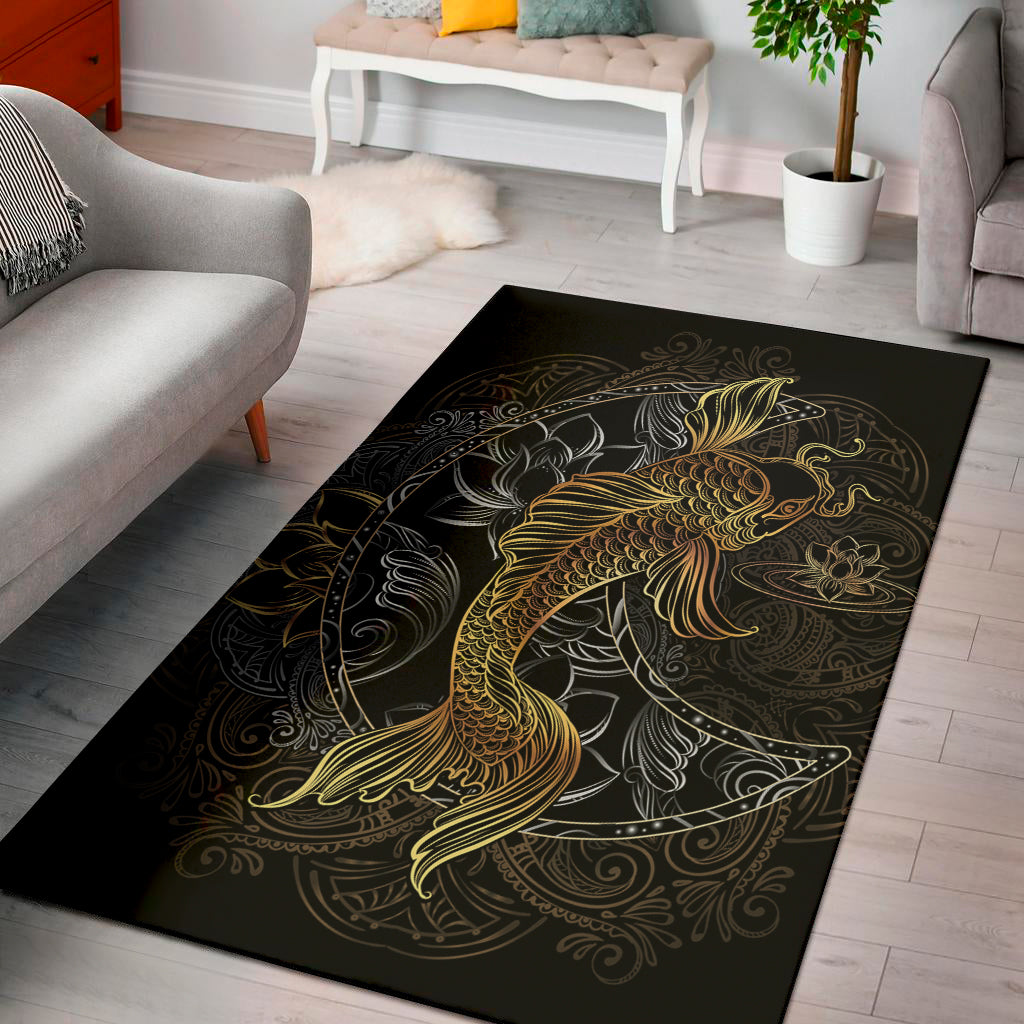 Golden Spiritual Koi Fish Print Area Rug