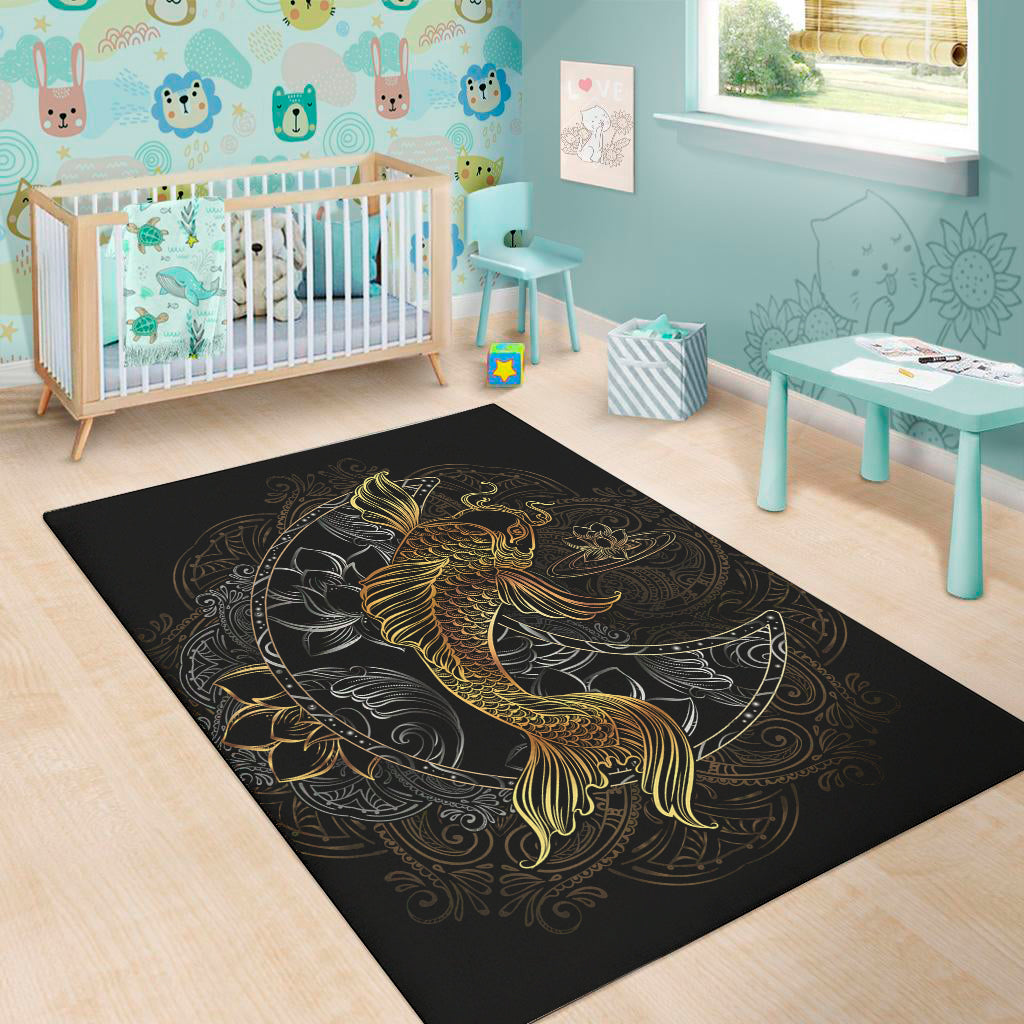 Golden Spiritual Koi Fish Print Area Rug