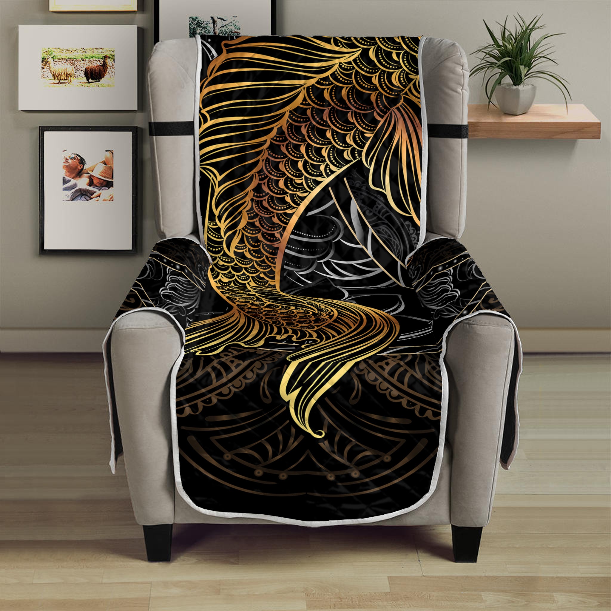 Golden Spiritual Koi Fish Print Armchair Protector