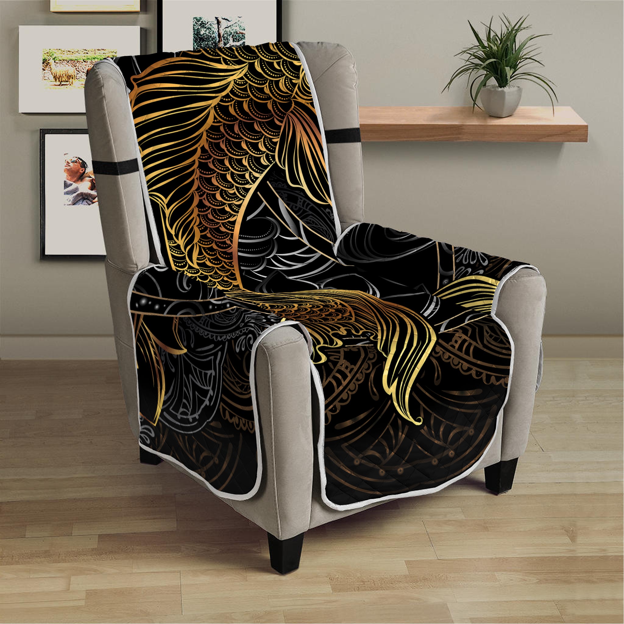 Golden Spiritual Koi Fish Print Armchair Protector