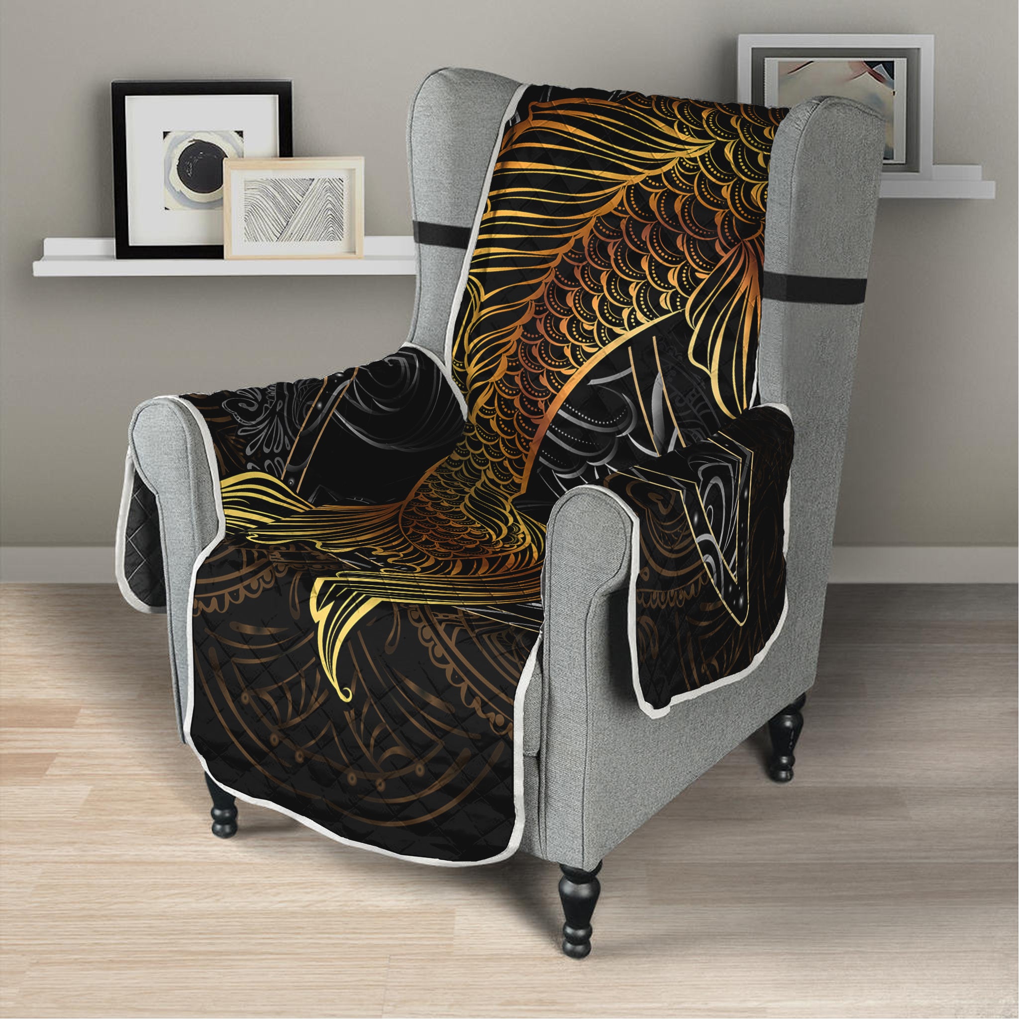 Golden Spiritual Koi Fish Print Armchair Protector