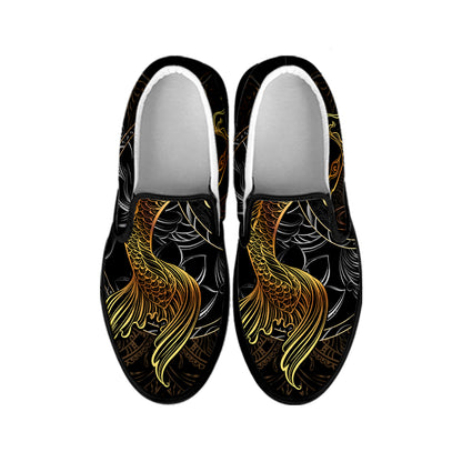 Golden Spiritual Koi Fish Print Black Slip On Shoes