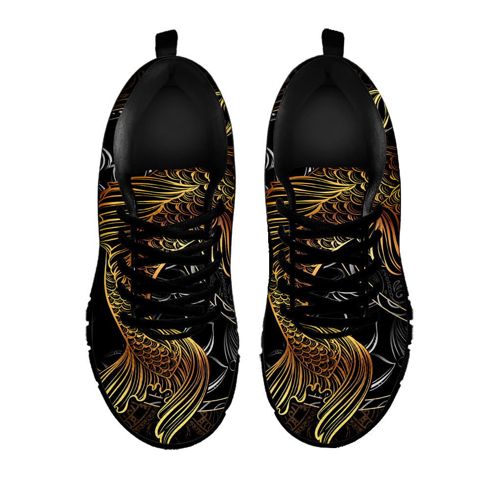 Golden Spiritual Koi Fish Print Black Sneakers
