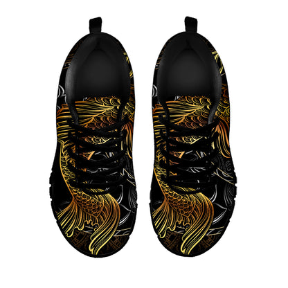 Golden Spiritual Koi Fish Print Black Sneakers