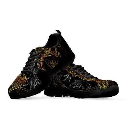 Golden Spiritual Koi Fish Print Black Sneakers