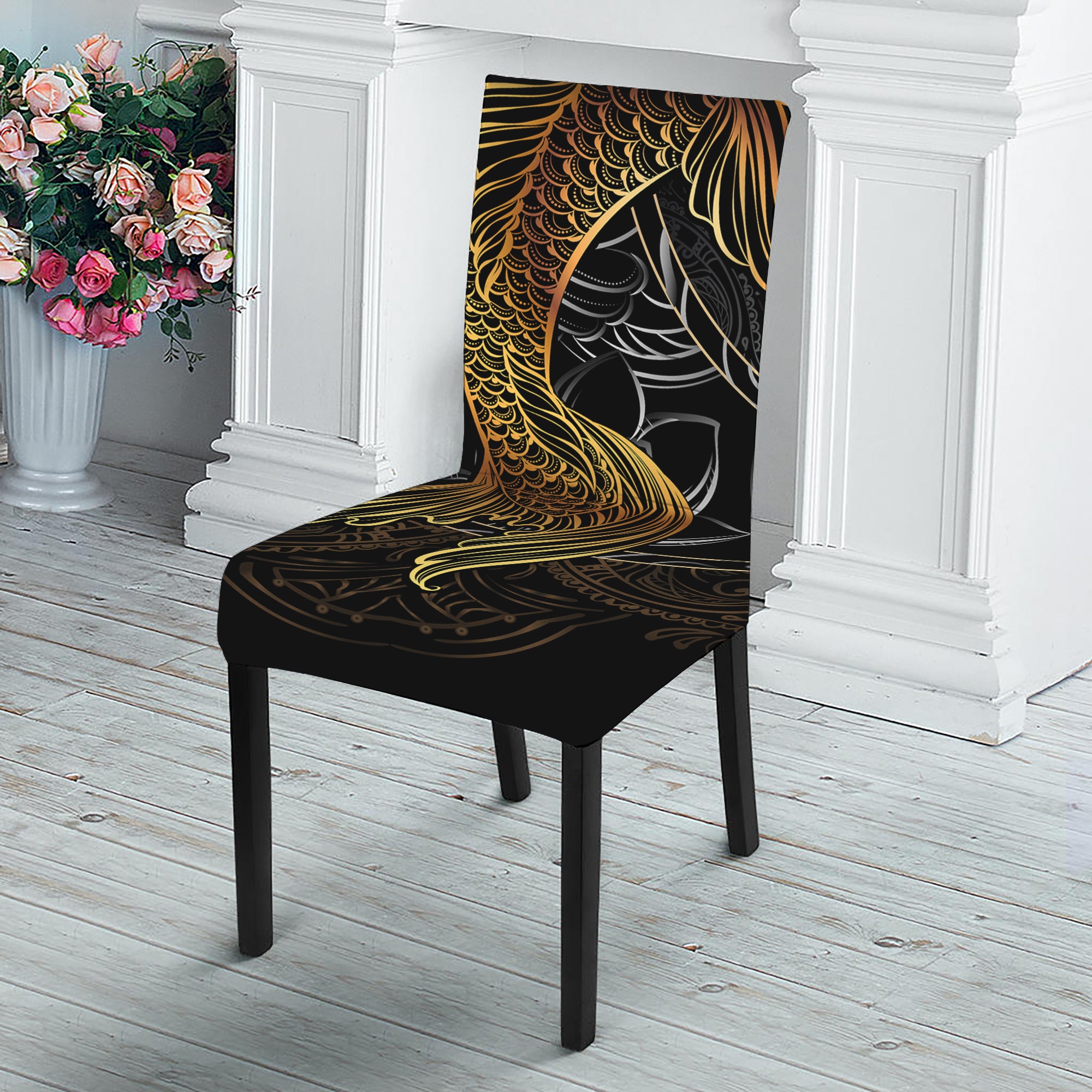 Golden Spiritual Koi Fish Print Dining Chair Slipcover