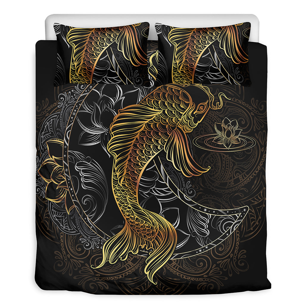 Golden Spiritual Koi Fish Print Duvet Cover Bedding Set